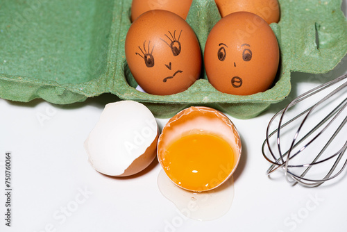 chicken eggs with painted faces, ingredients for baking