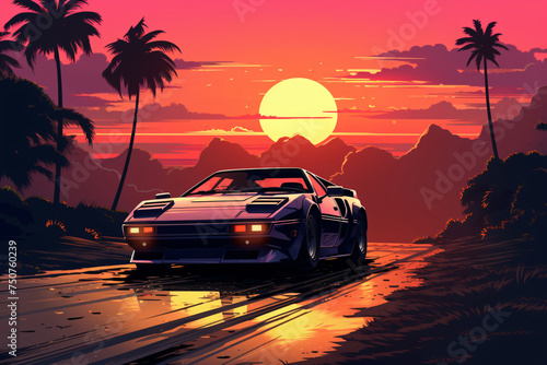 a sports car on a road with palm trees and mountains in the background