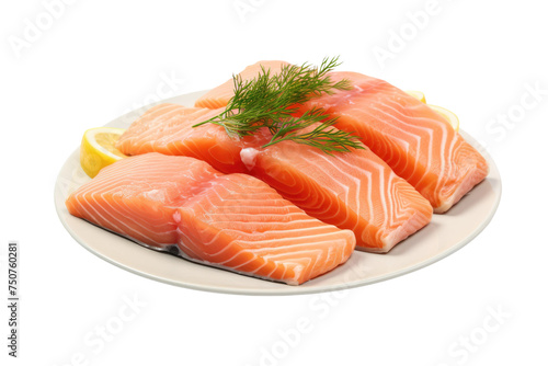 Raw Salmon on a Plate With Lemon Wedges and Dill. A plate with raw salmon fillet garnished with lemon wedges and fresh dill. The vibrant pink salmon contrasts with the citrusy lemon and aromatic dill.