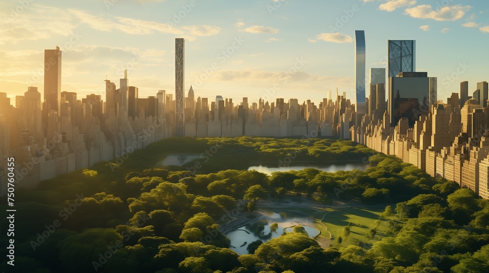 Craft a breathtaking aerial helicopter photo using AI, showcasing the lush greenery of Central Park with people enjoying picnics and relaxation on a sunlit field. 