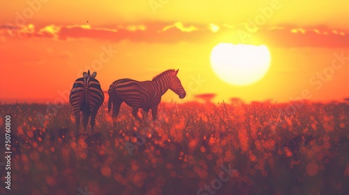 Zebras in the African savanna against the backdrop of beautiful sunset. Serengeti National Park. Tanzania. Africa. AI Generated.