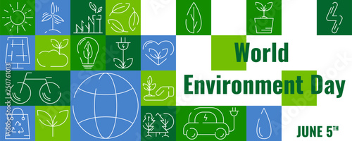 World Environment Day, modern ecology geometric nature banner. Set of line icons in flat minimalist style. For flyer, poster, cover, web site, presentation. Sustainability, recycle, renewable energy.