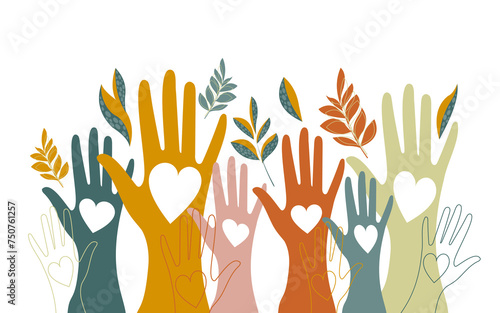 Volunteers, social workers, men and women hold hearts in their palms. Unity, cohesion of a multinational society. 
