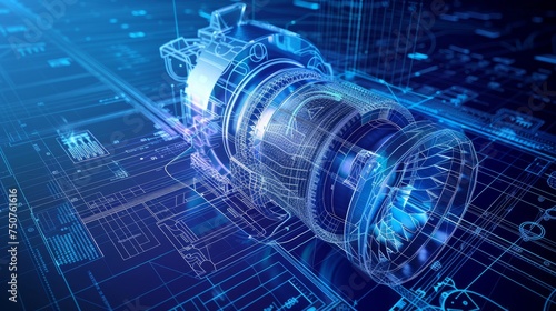 Blueprint of a turbine, Von Mises stress isometric view of turbine. Blueprint finite element analysis, 3D Illustration
