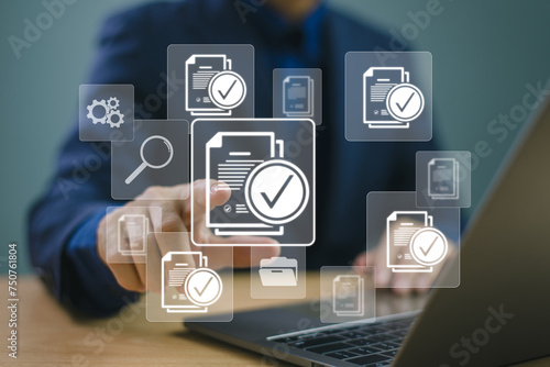 Document audit and business asset analysis concept. Man inspects file check with magnifying len. Business analysis, data inspection, document review, online approval, digital information research