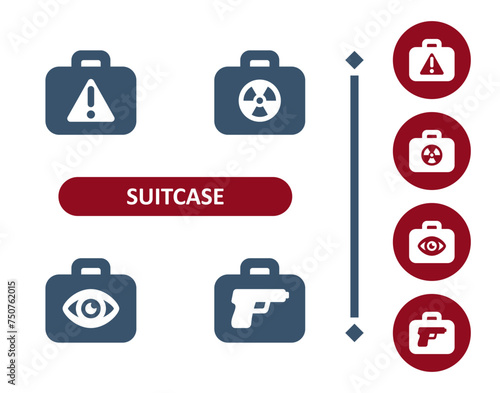 Suitcase Icons. Briefcase, Luggage, Baggage, Warning, Dager, Toxic, Inspect, Eye, Gun, Weapon, Security Scan Icon photo
