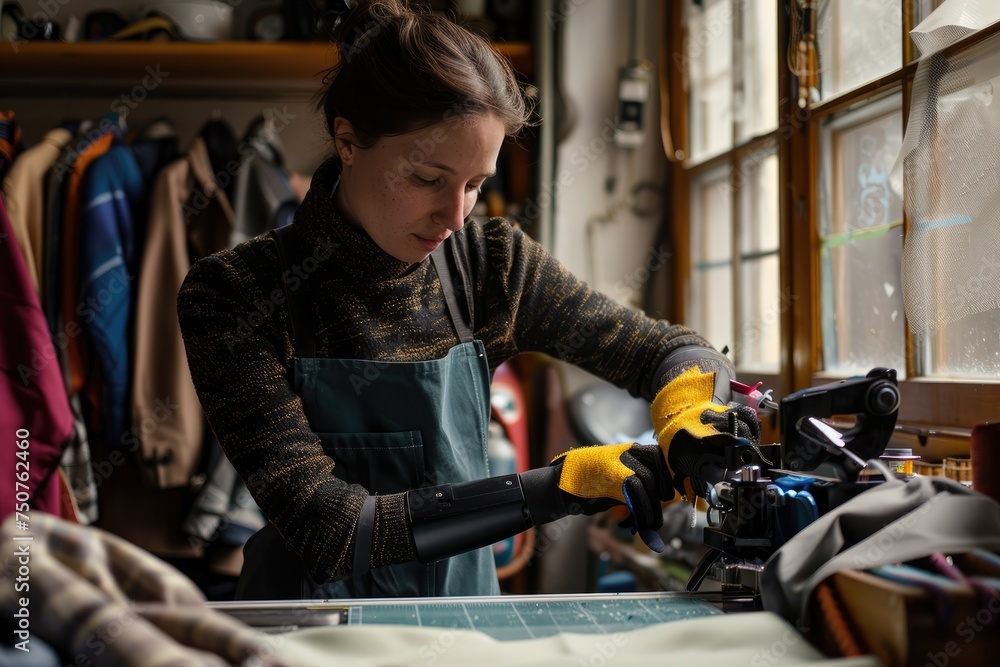 Focused craftswoman with a prosthetic arm meticulously measuring fabric in her workshop, showcasing innovation and determination in fashion design - AI generated