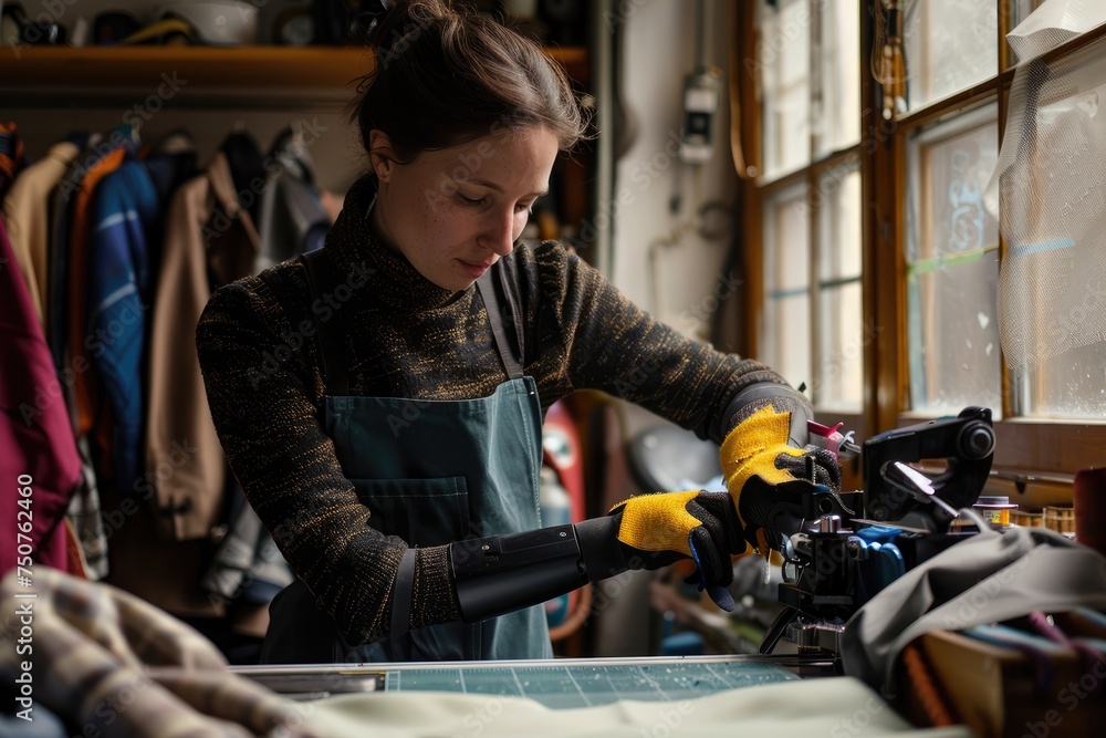 Focused craftswoman with a prosthetic arm meticulously measuring fabric in her workshop, showcasing innovation and determination in fashion design - AI generated Focused craftswoman with a prosthetic arm meticulously measuring fabric in her workshop, showcasing innovation and determination in fashion design - AI generated