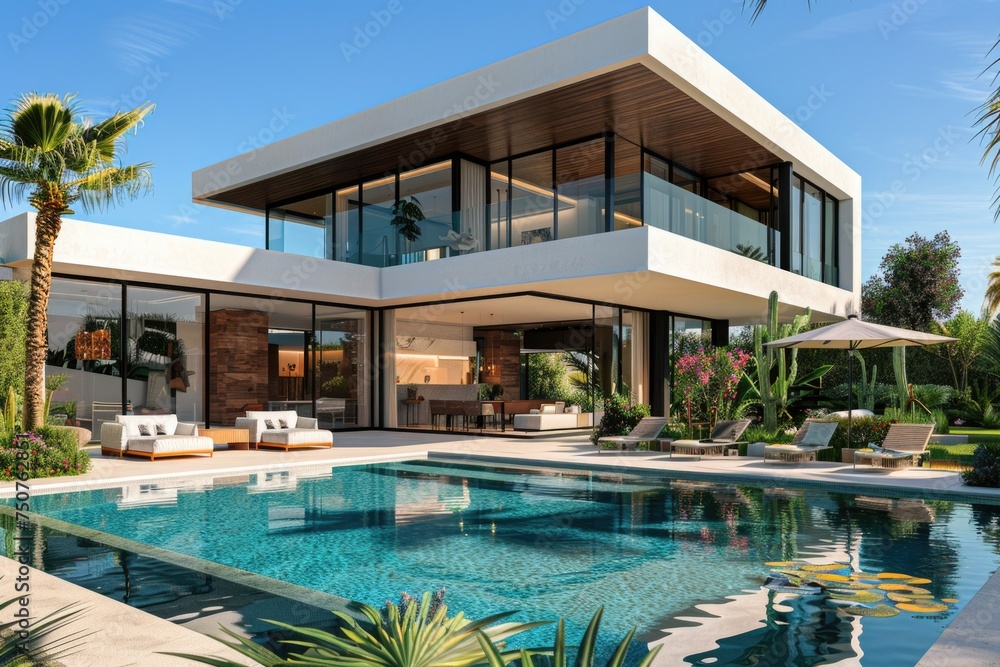 exterior perspective view af a very modern villa in marbella, two floors, large glass vindows, exterior garden pool, very high details, high resolution, turquoise sky, 3D model