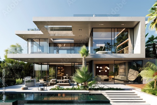 exterior perspective view af a very modern villa in marbella, two floors, large glass vindows, exterior garden pool, very high details, high resolution, turquoise sky, 3D model