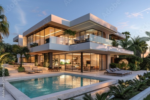 exterior perspective view af a very modern villa in marbella, two floors, large glass vindows, exterior garden pool, very high details, high resolution, turquoise sky, 3D model © Olha Yavorska