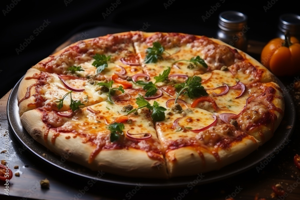 Tasty pizza on table with blurred teens watching tv in background, selective focus