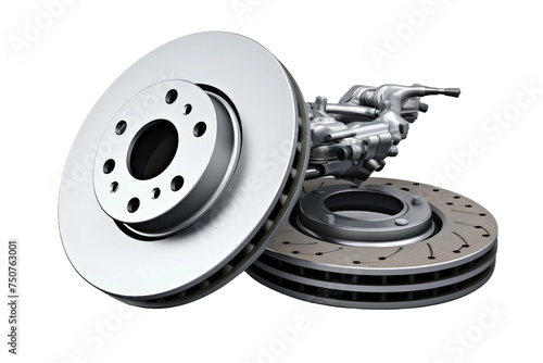 A Pair of Brake Discs and Rotors. Two brake discs and rotors are displayed side by side against a clean white background. The metal component appear clean and shiny showcasing their mechanical design.