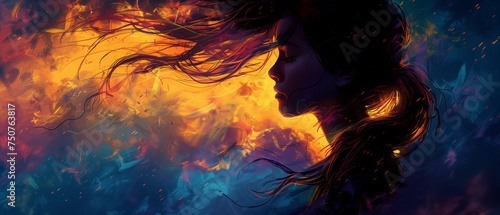 
A woman's portrait of a side face with hair flowing in the wind in front of her and flames in the background, in the style of colorful fantasy realism