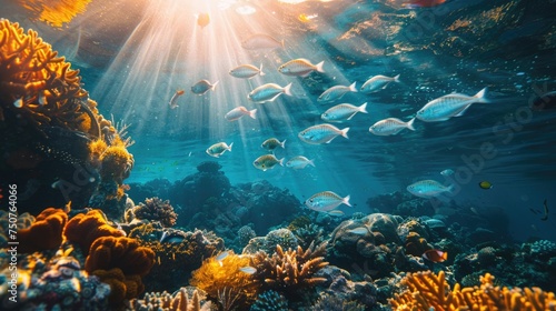 A serene underwater scene showcasing a school of mullet fish gracefully swimming near a coral reef.
