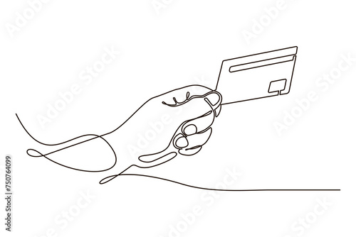 Hand holding bank credit card in continuous one line symbol drawing. Concept for banking, contactless payment. Silhouette line art vector illustration. Design for infographic, banner, flyer