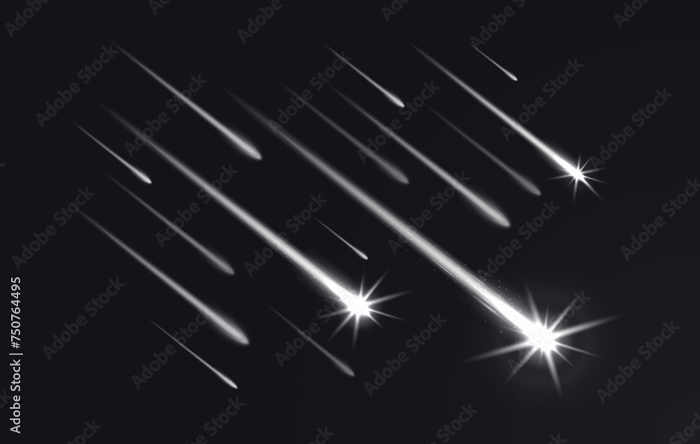 Obraz premium Realistic sky shooting stars with trails, falling comets and meteors. 3d vector celestial bodies streak across the night sky, leaving dazzling traces of light due to friction with Earth atmosphere