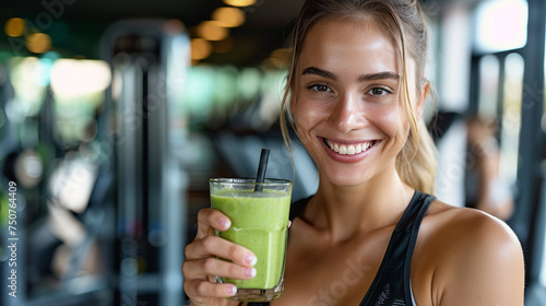 Portrait of a person with green smoothie in gym. Health care lifestyle.  © Vika art