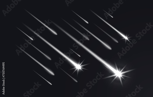 Realistic sky shooting stars with trails, falling comets and meteors. 3d vector celestial bodies streak across the night sky, leaving dazzling traces of light due to friction with Earth atmosphere