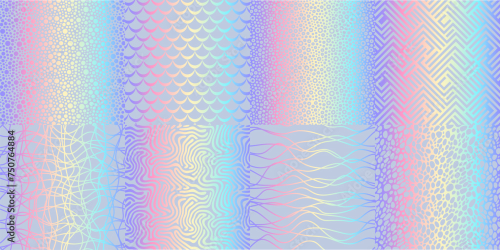 Hologram texture patterns, glitter rainbow foil vector backgrounds set. Iridescent paper texture backdrops with neon colors gradient and holographic ornaments of abstract geometric shapes and waves