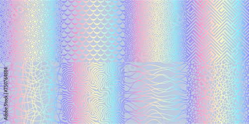 Hologram texture patterns, glitter rainbow foil vector backgrounds set. Iridescent paper texture backdrops with neon colors gradient and holographic ornaments of abstract geometric shapes and waves
