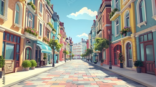 Colorful City Street Scene in Art Nouveau Style