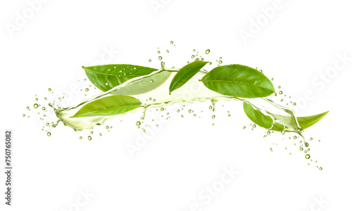 Green herbal tea leaves and wave splash with drops, vector plant drink. Realistic water flow with 3d fresh leaves of tea tree, transparent green droplets and bubbles, herbal extract beverage spill