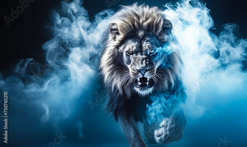 Lion Of Judah With Blue Smoke.  King of Kings, Jesus Christ's Triumph in Religion. photo