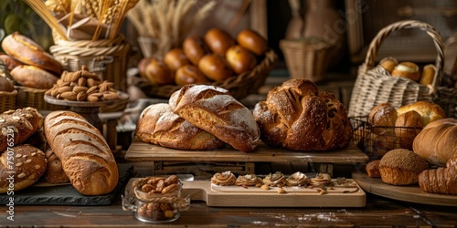 A diverse selection of various types of bread and pastries laid out on a table, showcasing a range of shapes, sizes, colors, and textures.