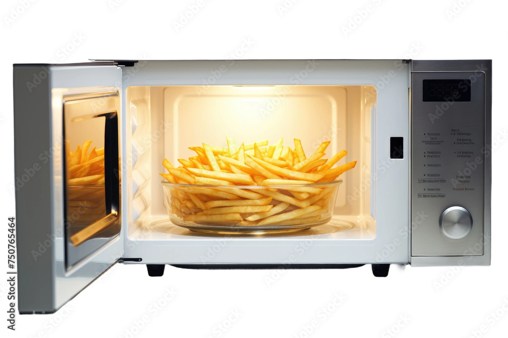 Microwave With French Fries. A microwave with a plate of golden French