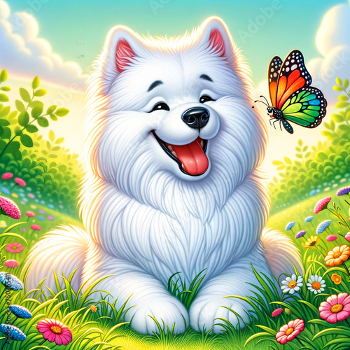Cute and funny cartoon dog illustration , happy dog with flowers and butterfly 