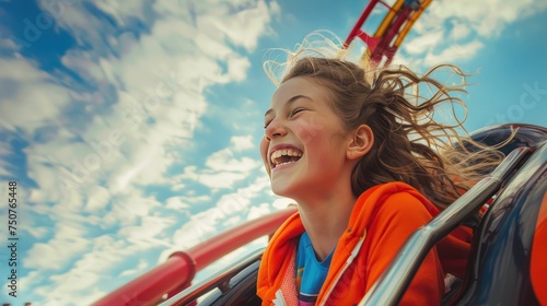 Teenagers and relaxation, teenagers and fun,teenage girl on a moving rollercoaster, 