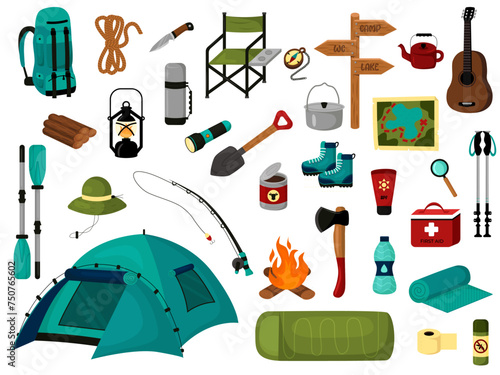 Camping hiking items set flat. Travel elements collection. Summer travel stuff. Map, axe, kettle, pointer, guitar, canned food, campfire, firewood, compass. Vector illustration