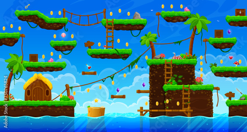 Arcade tropical pirate island game level map interface. Palms and lianas, golden coins, platforms and stairs, ropes and flowers on sky, clouds and sea vector background. 2d video game UI assets