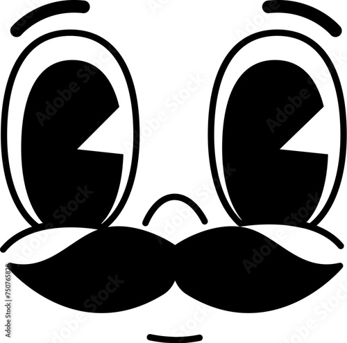 Cartoon groovie face with mustaches, funny comic retro emoji character, vector smile emoticon. Goggle eyes with mouth and moustaches for emoji or emoticon face of groovy funny expression