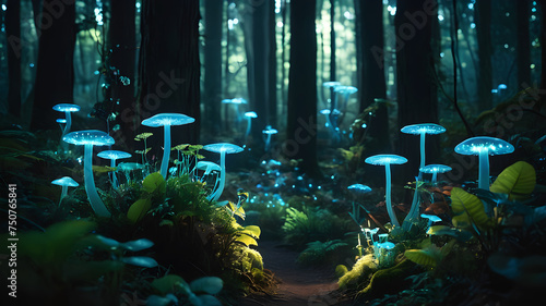 Walk through an enchanted forest where bioluminescent plants and magical creatures emit a soft, ethereal glow. The air is filled with wonder as vibrant colors light up the dark woods