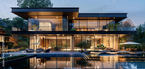 Frontal panorama of a riverside city villa, expansive glass facade, sleek modern architecture, evening poolside glow.