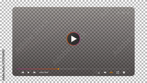 Video player transparent screen interface. Digital media player UI vector mockup of black transparent window with play button, navigation bar, sliders and media control icons, multimedia app