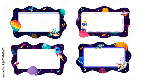 Cartoon galaxy space kid frames or borders with vector landscape of rockets, UFO spaceships and planets, astronaut and alien characters on starry sky background. Space frames set of galaxy adventure