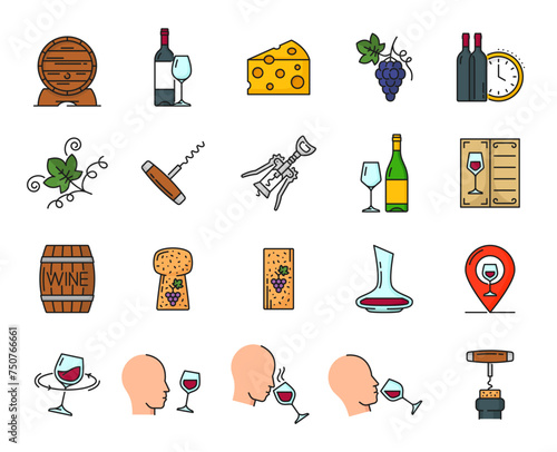 Wine outline icons. Winery, alcohol drinks store or shop, restaurant beverages menu thin line vector symbols and signs of oak barrel, cheese slice, wine and champagne bottle, corkscrew and sommelier