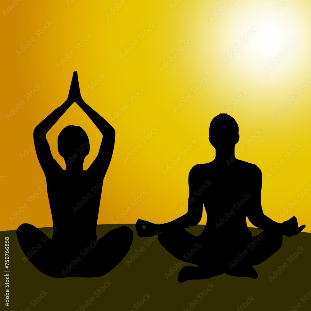 Patner silhouette of yoga Meditation on The Top of Mountain