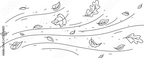 Wind air and doodle leaves motion, vector autumn nature and weather. Outline falling leaves flying on wave lines of blowing wind streams. Dry foliage of maple, oak and birch forest trees falling down