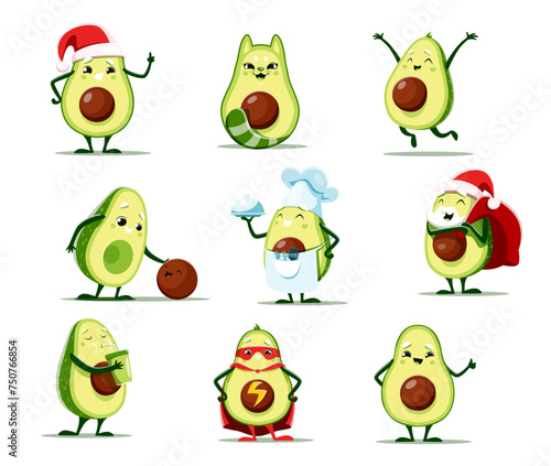 Cartoon avocado characters vector set. Santa Claus with gifts bag, avocat animal, superhero wear mask and cape, chief with a meal on tray. Fresh vegetable personage drinking cocktail, rejoice and fun