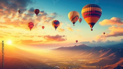 Balloons in the bright sky,sunrise landscape with hot air balloons in sky, 