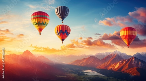 Balloons in the bright sky,sunrise landscape with hot air balloons in sky, 