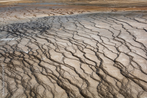 Intricate pattern of thermal area in Grand Prismatic Spring Overlook in Yellowstone