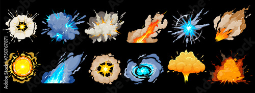 Cartoon bomb explosions, smoke and boom blast clouds, vector icons. Atomic bomb mushroom explode or TNT dynamite explosion with fire burn, firework boom flash or pop puff and burst rays of explosives