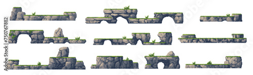 8bit arcade pixel art game platforms with rock stones and green grass. Isolated vector set of 2d elements, nostalgic videogame landscape, obstacles, classic gaming objects for retro-inspired adventure