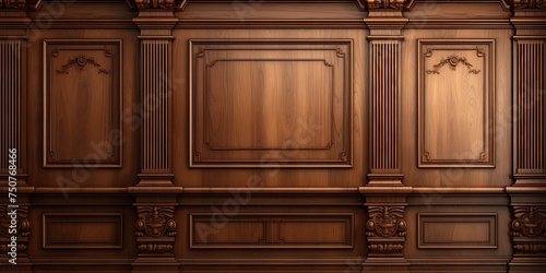 Luxury wood paneling background or texture. highly crafted classic / traditional wood paneling, with a frame pattern, often seen in courtrooms, premium hotels, and law offices. photo