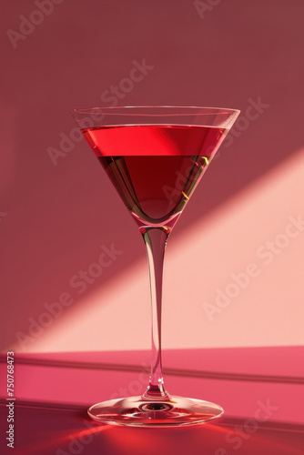 Bright pink surface with martini glass filled with red liquid under bright light